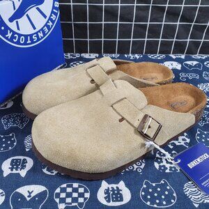 Birkenstock Boston taupe suede mule clogs